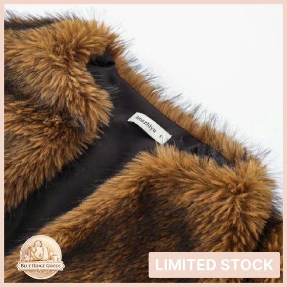 Faux Fur Cropped Coat Long Sleeve Open Front Winter Elegant Chic - Picture 5 of 7